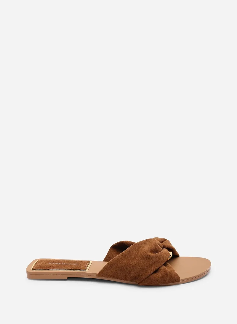 Where's That From Lavina Knot Detail Cognac Suede Slide On Sandal