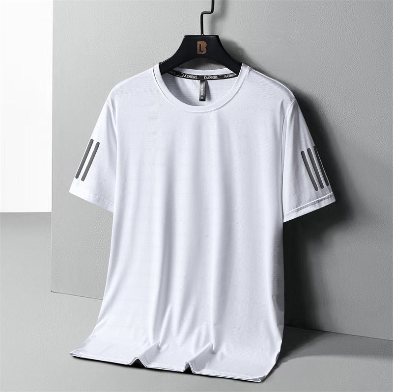 T-Shirt Men'S Summer Loose Plus Size Short Sleeve Ice Silk Three Bars Bottoming Shirt Round Neck Half Sleeve Thin Quick-Drying T-Shirt Fashion - Image 1