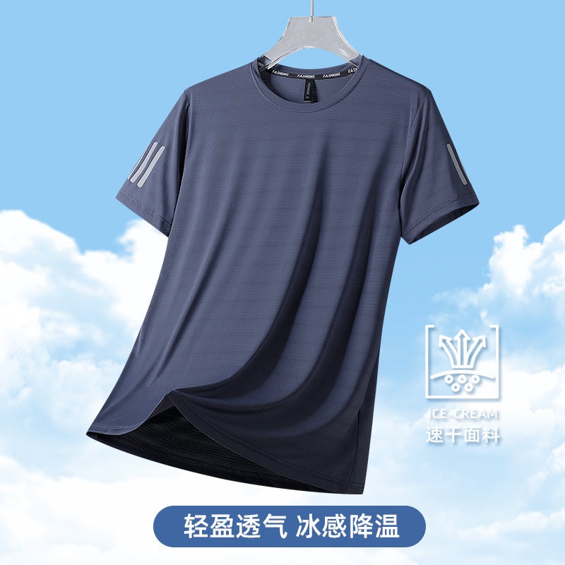 T-Shirt Men'S Summer Loose Plus Size Short Sleeve Ice Silk Three Bars Bottoming Shirt Round Neck Half Sleeve Thin Quick-Drying T-Shirt Fashion - Image 4