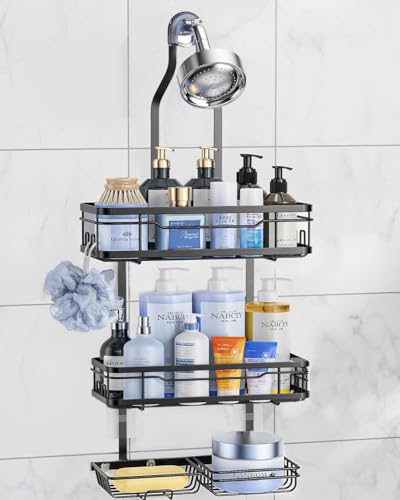 OMAIRA Shower Caddy Hanging Over the Shower Head - Rustproof Shower Organizer Hanging with Soap Scrub Holder, Non-Slip Stainless Steel Bathroom Storage Rack & Shelves, No Drilling, Black - Image 1