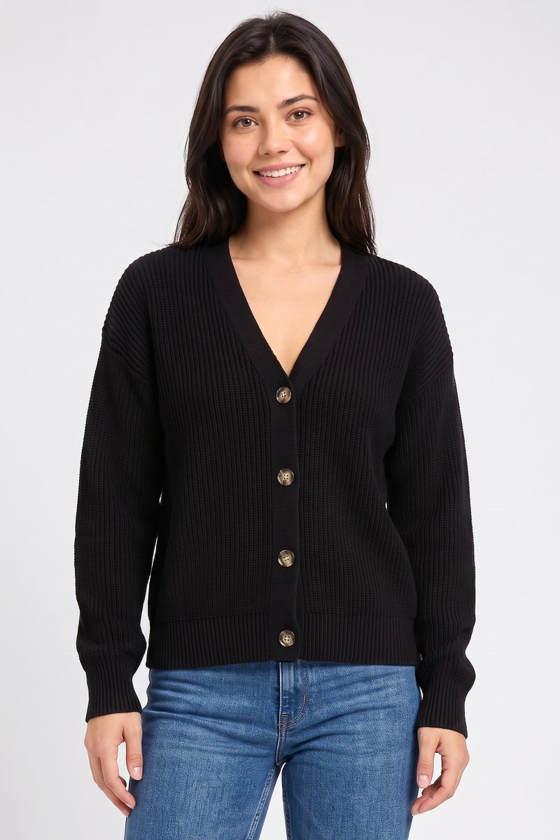 JJXX Women V Neck Knitted Cardigans, Black - Image 1