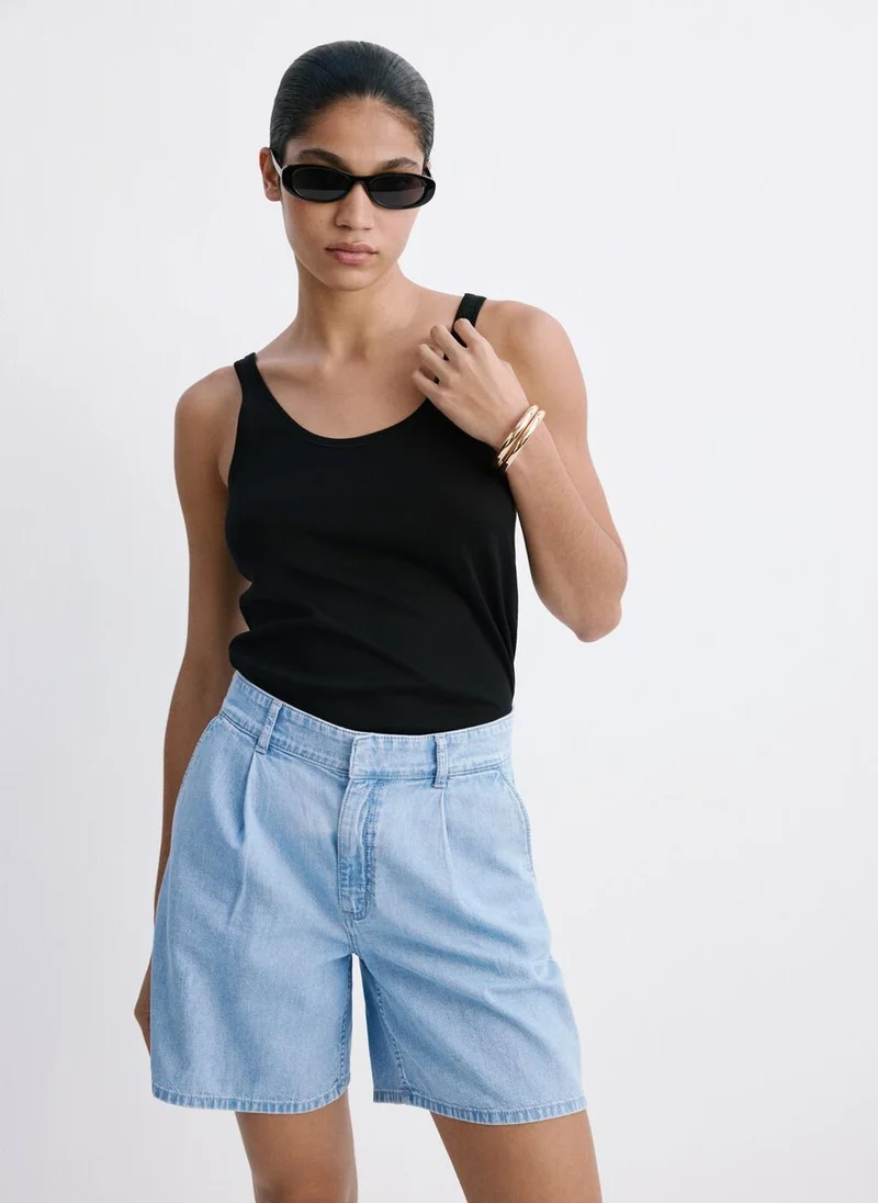 Mango Mid-Rise Denim Bermuda Shorts With Pleats