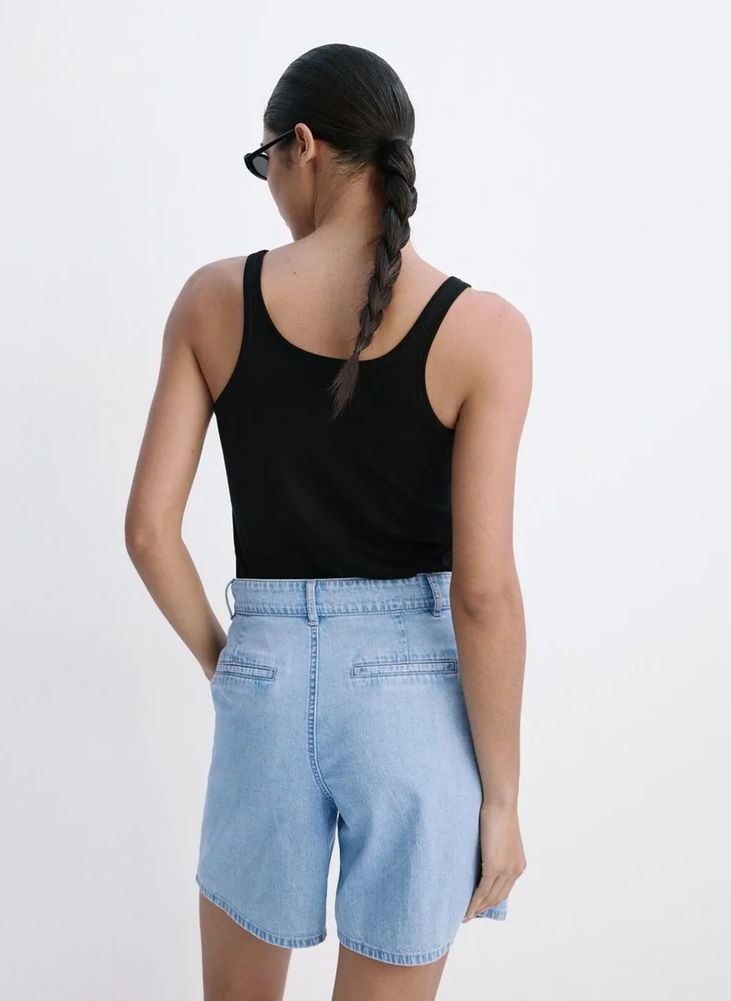 Mango Mid-Rise Denim Bermuda Shorts With Pleats