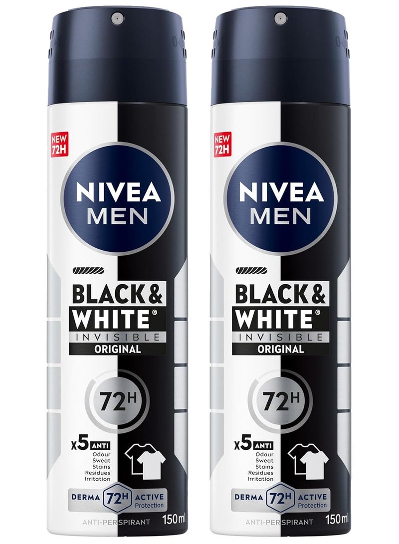 نيفيا مزيل عرق نيفيا للرجال بلاك آند وايت الأصلي غير مرئي، بخاخ مضاد للتعرق، يدوم 72 ساعة، 2 × 150 مل - Image 1