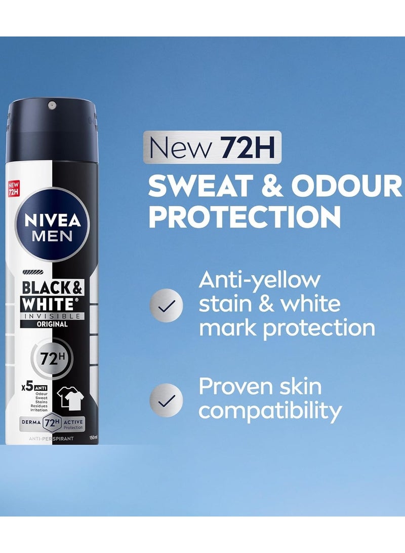 نيفيا مزيل عرق نيفيا للرجال بلاك آند وايت الأصلي غير مرئي، بخاخ مضاد للتعرق، يدوم 72 ساعة، 2 × 150 مل - Image 2