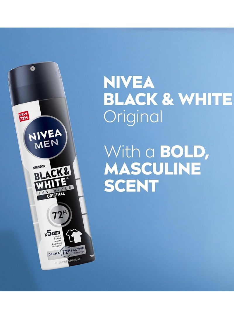 نيفيا مزيل عرق نيفيا للرجال بلاك آند وايت الأصلي غير مرئي، بخاخ مضاد للتعرق، يدوم 72 ساعة، 2 × 150 مل - Image 3