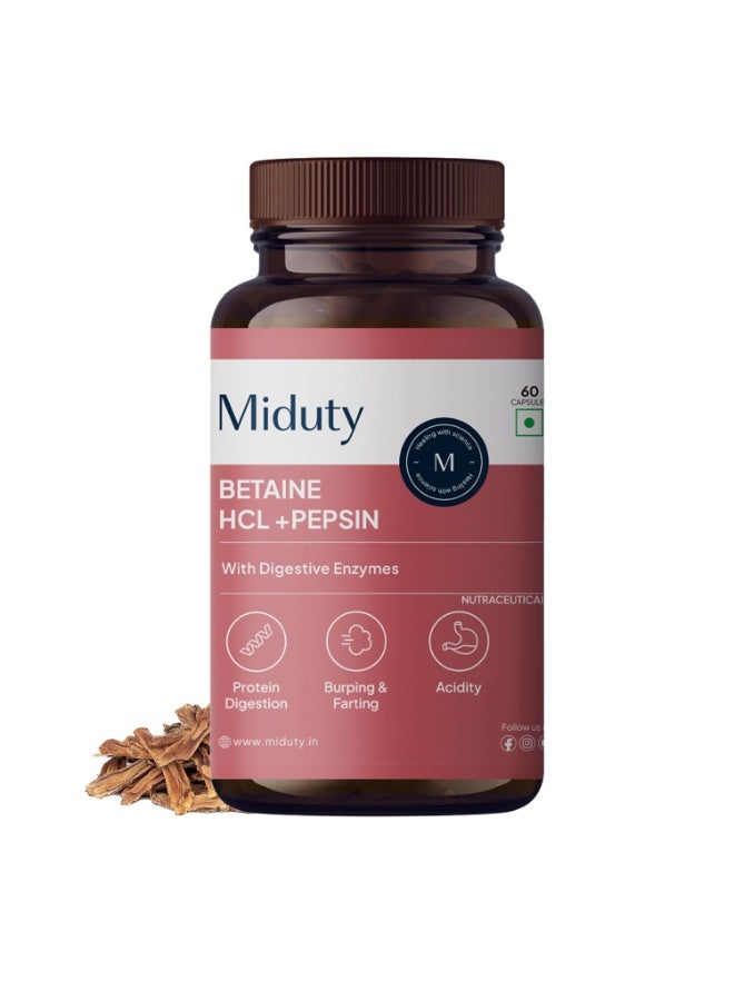 Miduty Betaine HCL + Pepsin for Improve Digestion, Acidity & Natural Digestive Health & Stomach Gut Support - 60 Capsules - Image 1