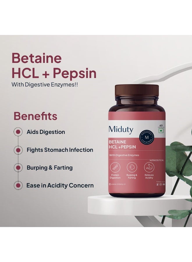 Miduty Betaine HCL + Pepsin for Improve Digestion, Acidity & Natural Digestive Health & Stomach Gut Support - 60 Capsules - Image 3