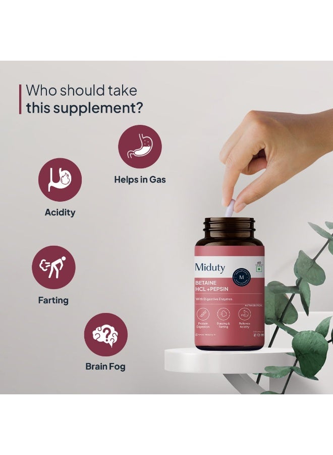 Miduty Betaine HCL + Pepsin for Improve Digestion, Acidity & Natural Digestive Health & Stomach Gut Support - 60 Capsules - Image 2