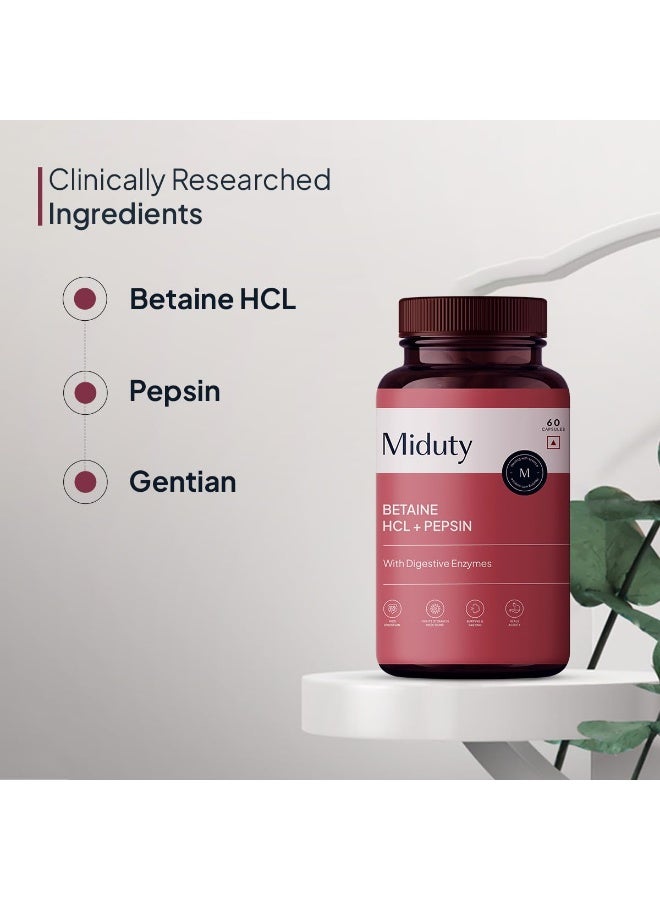 Miduty Betaine HCL + Pepsin for Improve Digestion, Acidity & Natural Digestive Health & Stomach Gut Support - 60 Capsules - Image 4