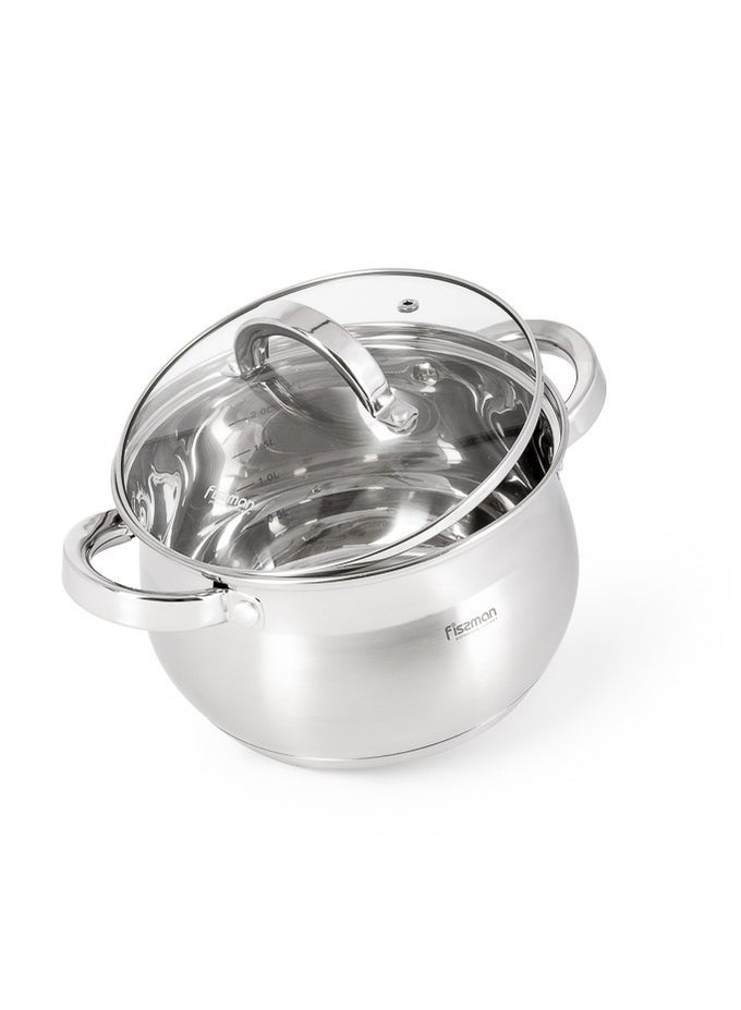 STOCKPOT WITH GLASS LID 16X10.5CM / 2.1 LITER WITH MEASURING MARK, STAINLESS STEEL STOCKPOT FELINA SERIES