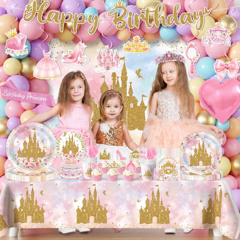 YTGUVBK Princess Birthday Party Decorations, 282Pcs Princess Party Decorations Includes Plates,Napkins,Tablecloth,Balloons,Banner,Cake Topper,Hanging Swirl,Castle Backdrop for Girls Fairy Tale Party Supplies - Image 2