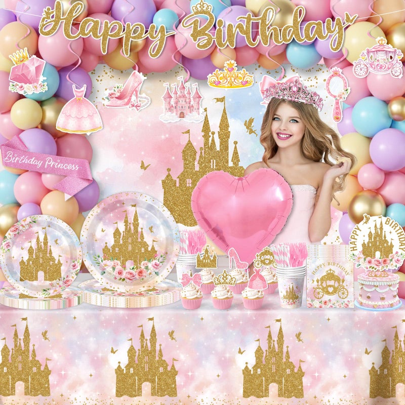 YTGUVBK Princess Birthday Party Decorations, 282Pcs Princess Party Decorations Includes Plates,Napkins,Tablecloth,Balloons,Banner,Cake Topper,Hanging Swirl,Castle Backdrop for Girls Fairy Tale Party Supplies - Image 3
