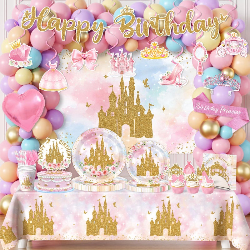 YTGUVBK Princess Birthday Party Decorations, 282Pcs Princess Party Decorations Includes Plates,Napkins,Tablecloth,Balloons,Banner,Cake Topper,Hanging Swirl,Castle Backdrop for Girls Fairy Tale Party Supplies - Image 1