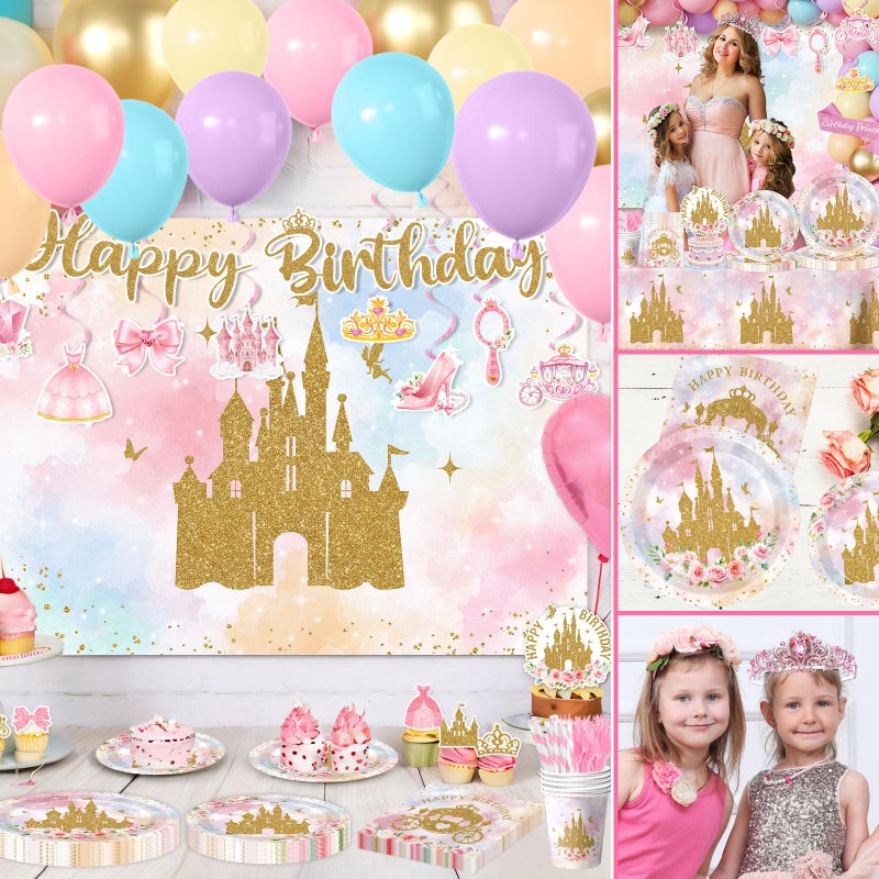 YTGUVBK Princess Birthday Party Decorations, 282Pcs Princess Party Decorations Includes Plates,Napkins,Tablecloth,Balloons,Banner,Cake Topper,Hanging Swirl,Castle Backdrop for Girls Fairy Tale Party Supplies - Image 5