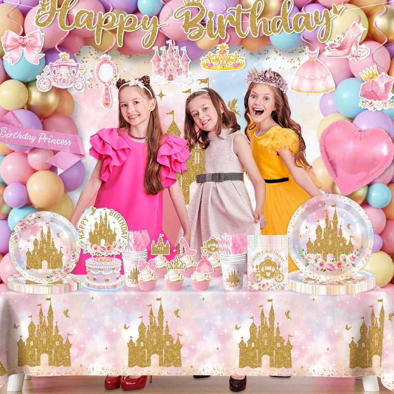 YTGUVBK Princess Birthday Party Decorations, 282Pcs Princess Party Decorations Includes Plates,Napkins,Tablecloth,Balloons,Banner,Cake Topper,Hanging Swirl,Castle Backdrop for Girls Fairy Tale Party Supplies - Image 4