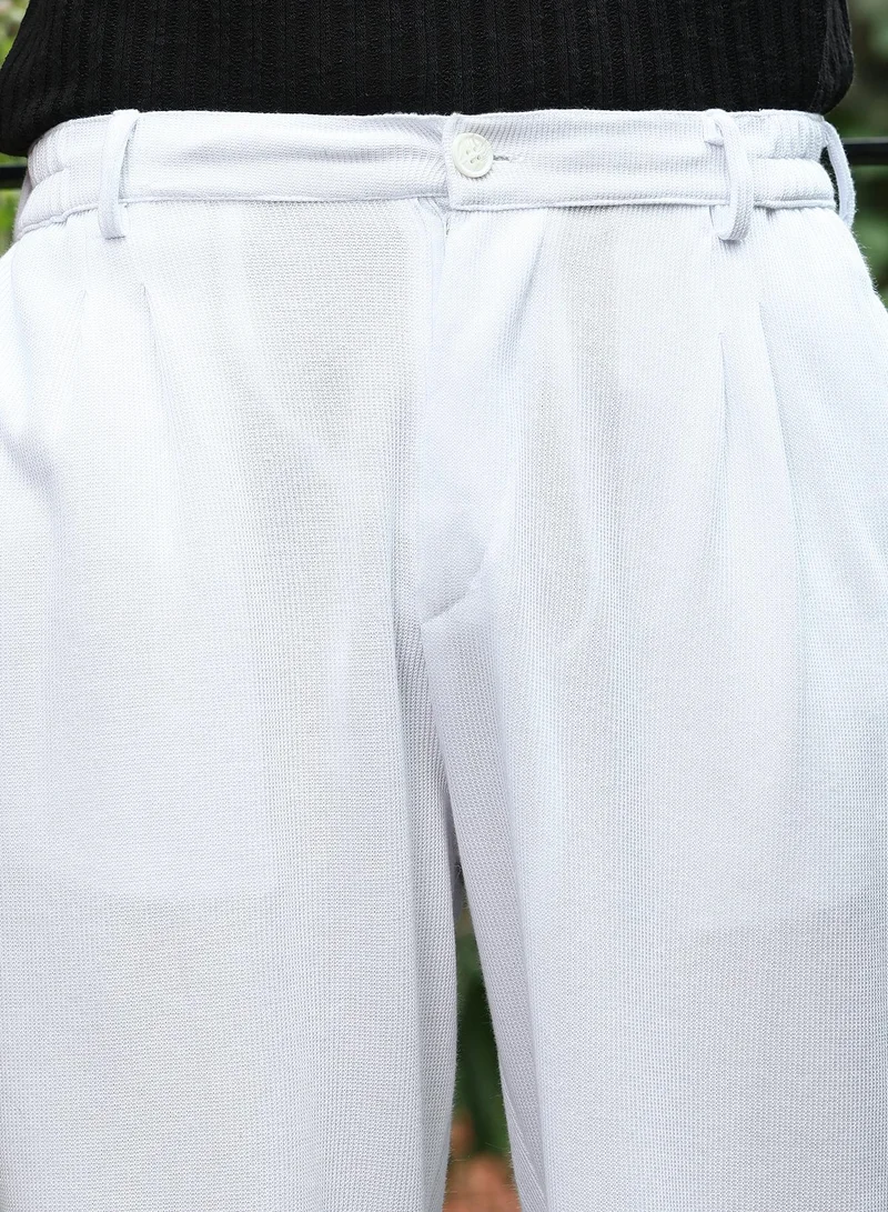 CAHOOT  Men Pleated-Ribbed Trousers | Mid-Rise, Straight-Fit | Button Closure, Straight Hem | Solid Ribbed | Knitted Fabric For Office & Casual Wear | Chalk White for Men | Best Price UAE