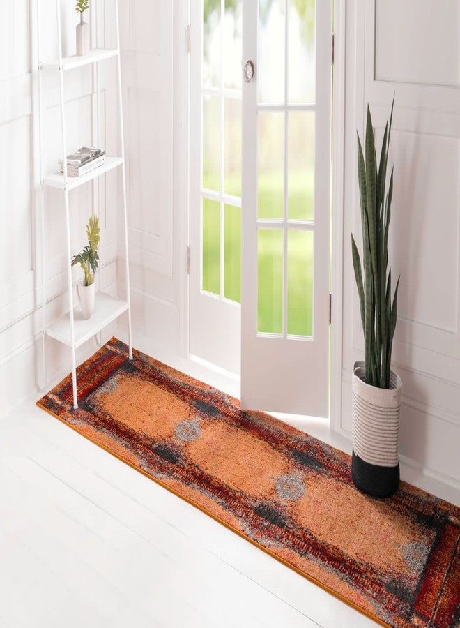 Unique Loom Estrella Collection Rustic, Distressed, Modern, Abstract Area Rug (2' 7 x 10' 0 Runner, Orange/Black) - Image 2
