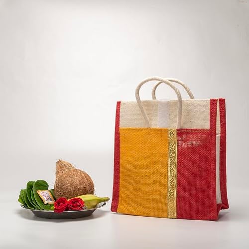 Soman Jute Thamboolam Bags for return gifts Golden Yellow and Red combo - Set of 10 - Image 2