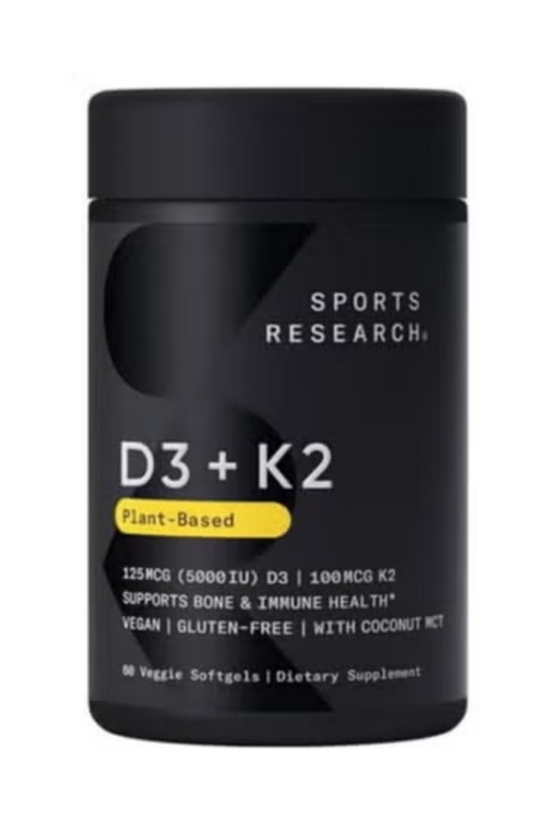 Sports Research K2 D3 Vitamin Complex 60 Veggie Softgels for Bone Immune Health Support - Image 1