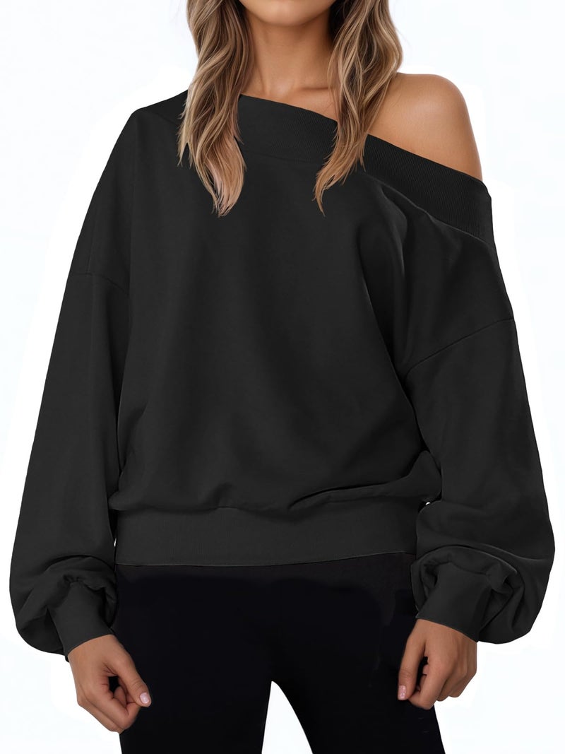 Fisoew Womens Off The Shoulder Sweatshirt Casual Long Sleeve Loose Fit Fall Pullover Tops Black - Image 1
