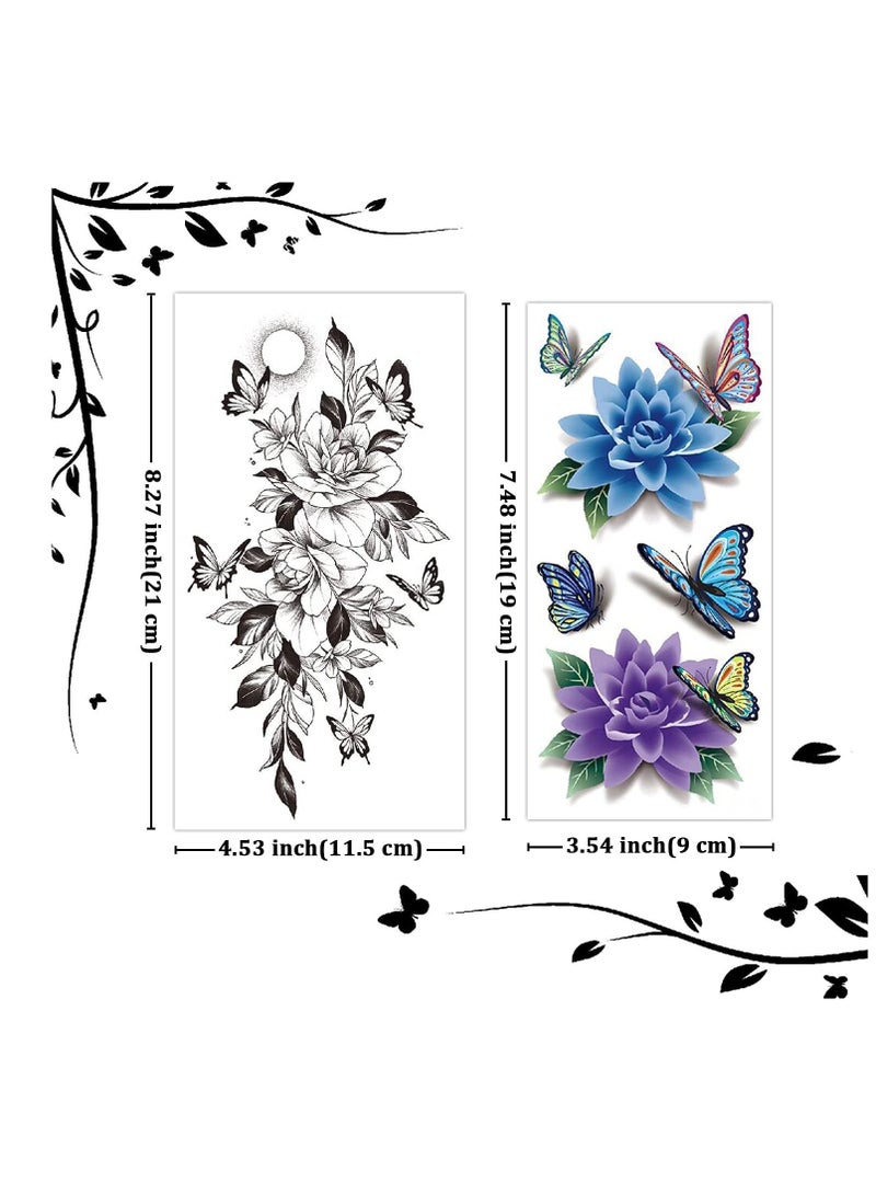 Tattoo Stickers for Women, Fake Flower Tattoo Stickers for Adults, Floral Butterfly Pattern, SemiPermanent Half Sleeve Tattoos for Multiple Body Parts (12 Sheets)