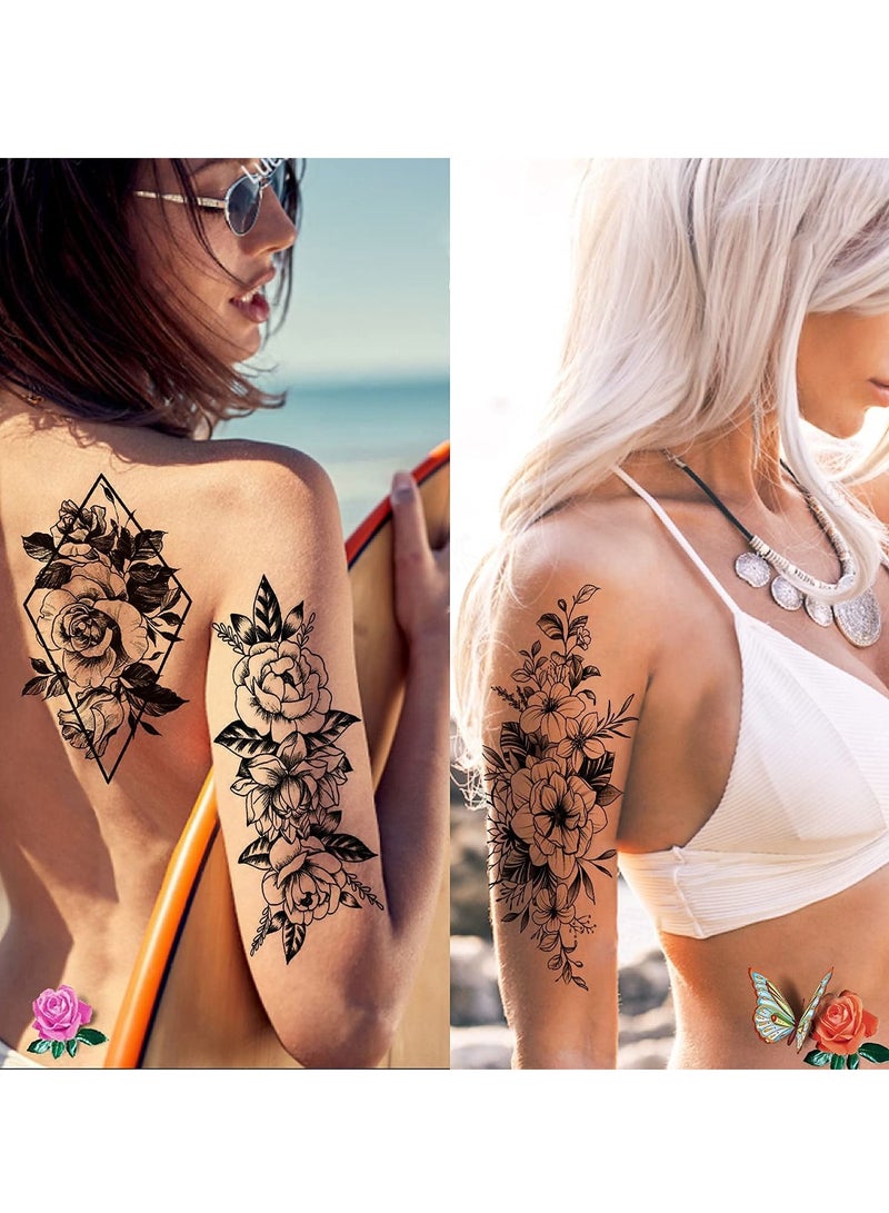 Tattoo Stickers for Women, Fake Flower Tattoo Stickers for Adults, Floral Butterfly Pattern, SemiPermanent Half Sleeve Tattoos for Multiple Body Parts (12 Sheets)