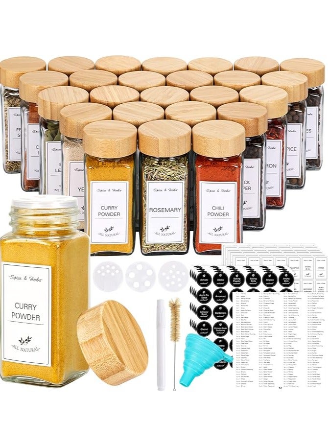 CUCUMI 24pcs 4oz Spice Jars with Labels, Glass Spice Containers with Bamboo Caps, Silicone Collapsible Funnel, Waterproof Labels, Test Tube Brush and Chalk Marker - Image 1