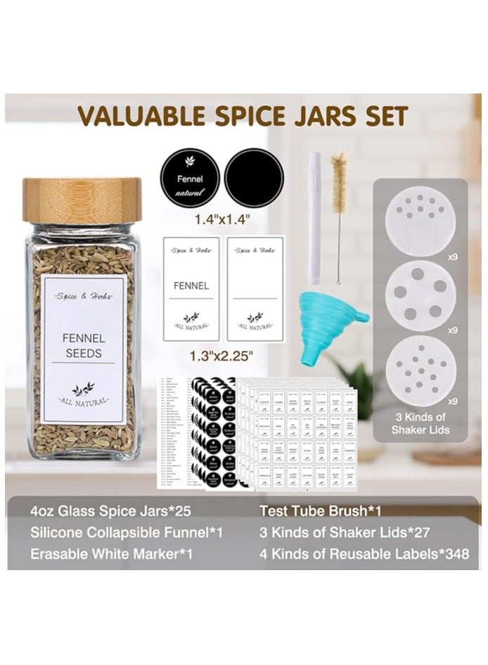 CUCUMI 24pcs 4oz Spice Jars with Labels, Glass Spice Containers with Bamboo Caps, Silicone Collapsible Funnel, Waterproof Labels, Test Tube Brush and Chalk Marker - Image 3