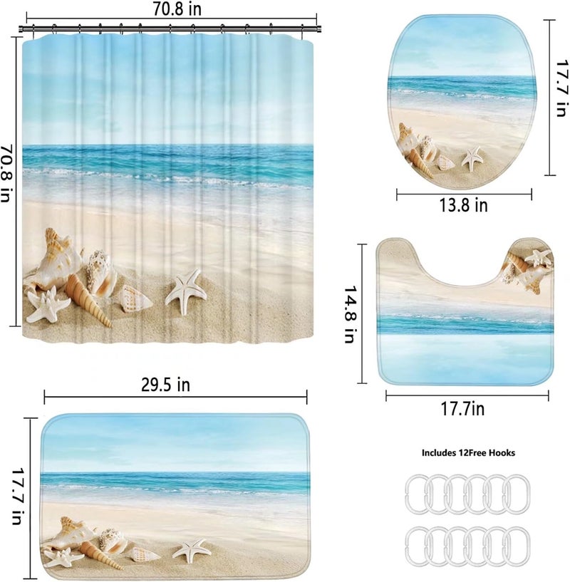Chrainy 4Pcs Summer Beach Shower Curtain Sets Sea Ocean Bathroom Set Decor with Non-Slip Rugs Bath U-Shaped Mat Toilet Lid Cover Waterproof Starfish Shell Bathroom Curtain Shower Set with 12 Hooks - Image 5