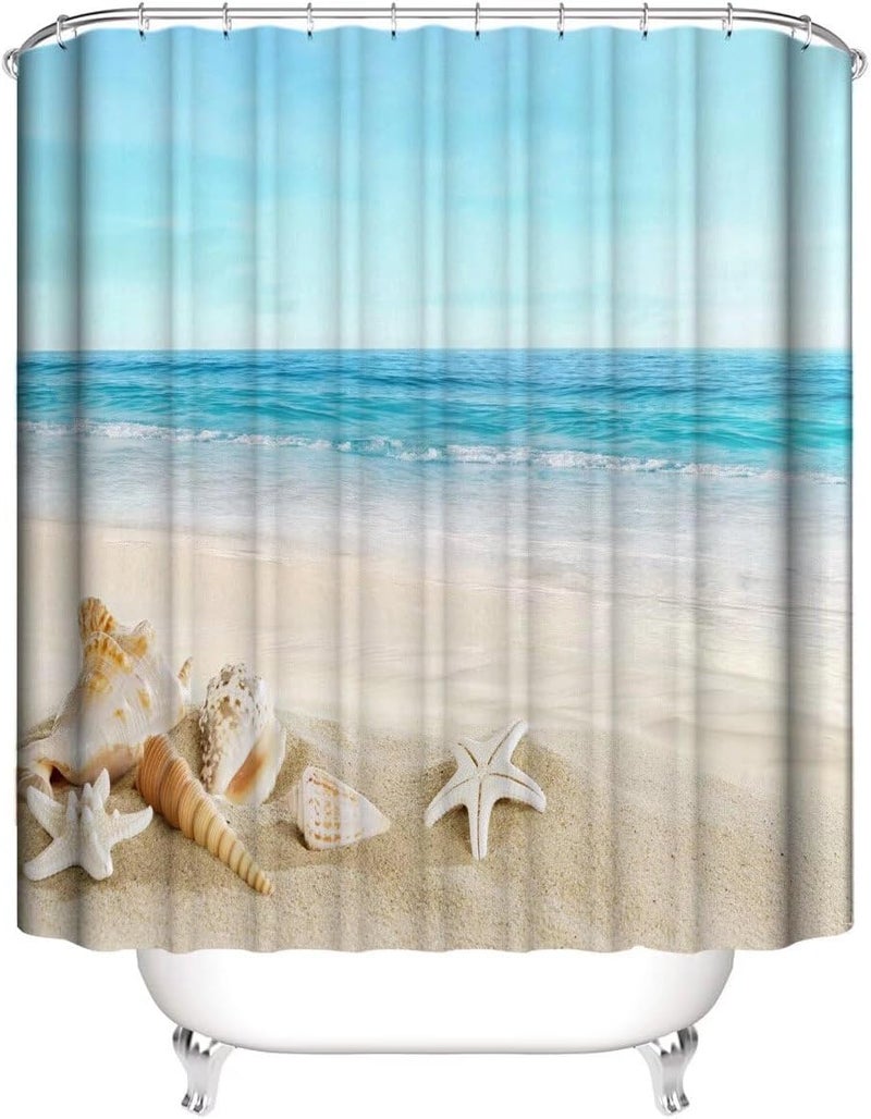 Chrainy 4Pcs Summer Beach Shower Curtain Sets Sea Ocean Bathroom Set Decor with Non-Slip Rugs Bath U-Shaped Mat Toilet Lid Cover Waterproof Starfish Shell Bathroom Curtain Shower Set with 12 Hooks - Image 3