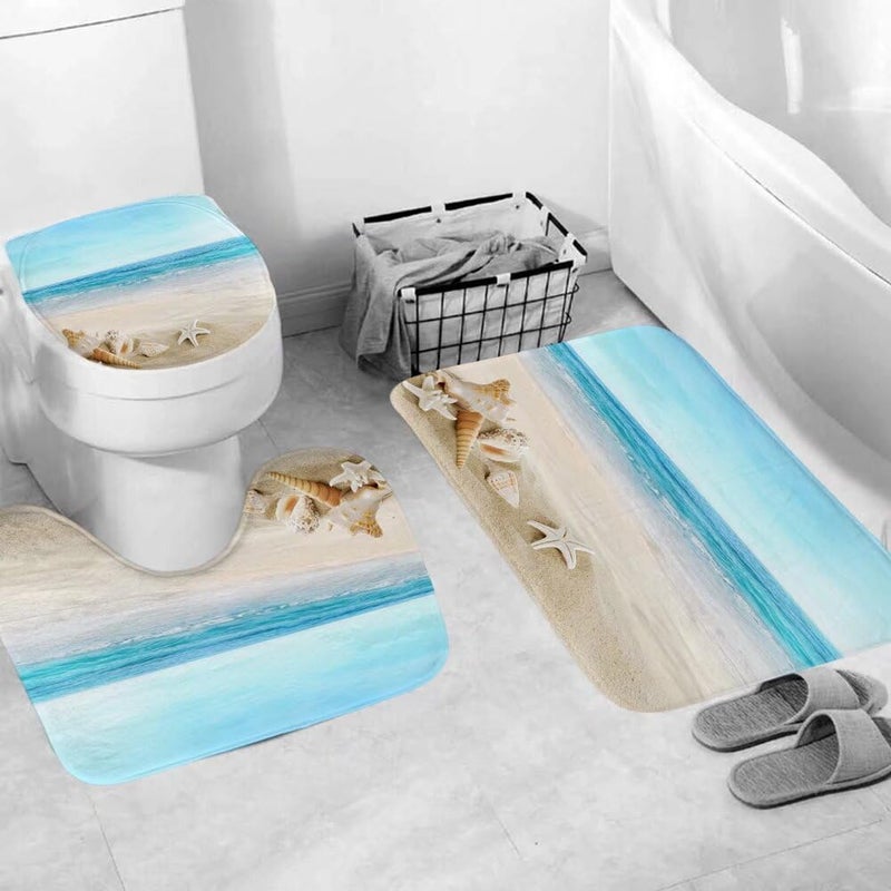 Chrainy 4Pcs Summer Beach Shower Curtain Sets Sea Ocean Bathroom Set Decor with Non-Slip Rugs Bath U-Shaped Mat Toilet Lid Cover Waterproof Starfish Shell Bathroom Curtain Shower Set with 12 Hooks - Image 4