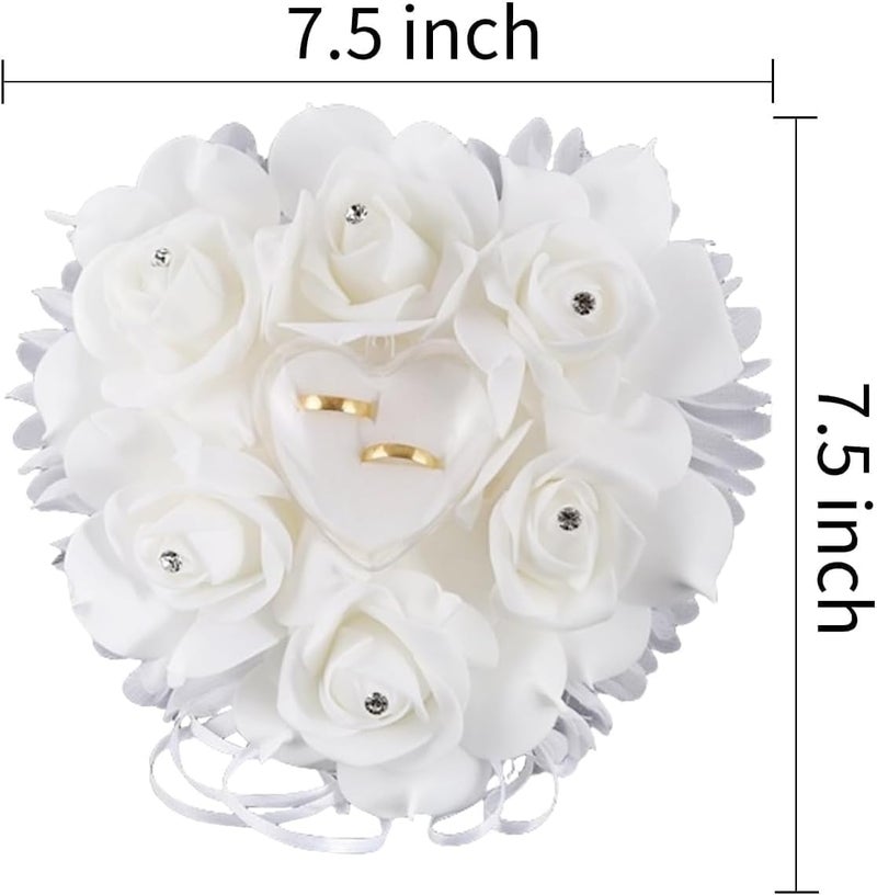 COSLANLEE Wedding Ring Bearer Pillow Décor with Satin with Crystal Heart and Rhinestones,Lace Bow Flower Ring Cushion Holder Box Pearl Diamonds Ribbon for Beach Proposal Ceremony Party 7.5 x 7.5 inches - Image 2