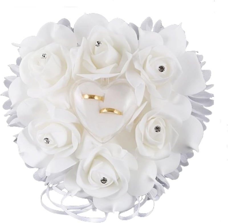 COSLANLEE Wedding Ring Bearer Pillow Décor with Satin with Crystal Heart and Rhinestones,Lace Bow Flower Ring Cushion Holder Box Pearl Diamonds Ribbon for Beach Proposal Ceremony Party 7.5 x 7.5 inches - Image 1