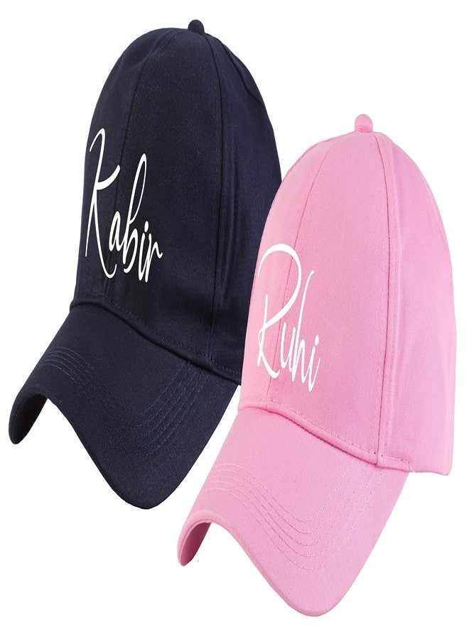 AICA Personalized Name Cotton Cap for Men & Women � Blue & Pink, Adjustable Strap, Free Size (Pack of 2) - Image 1
