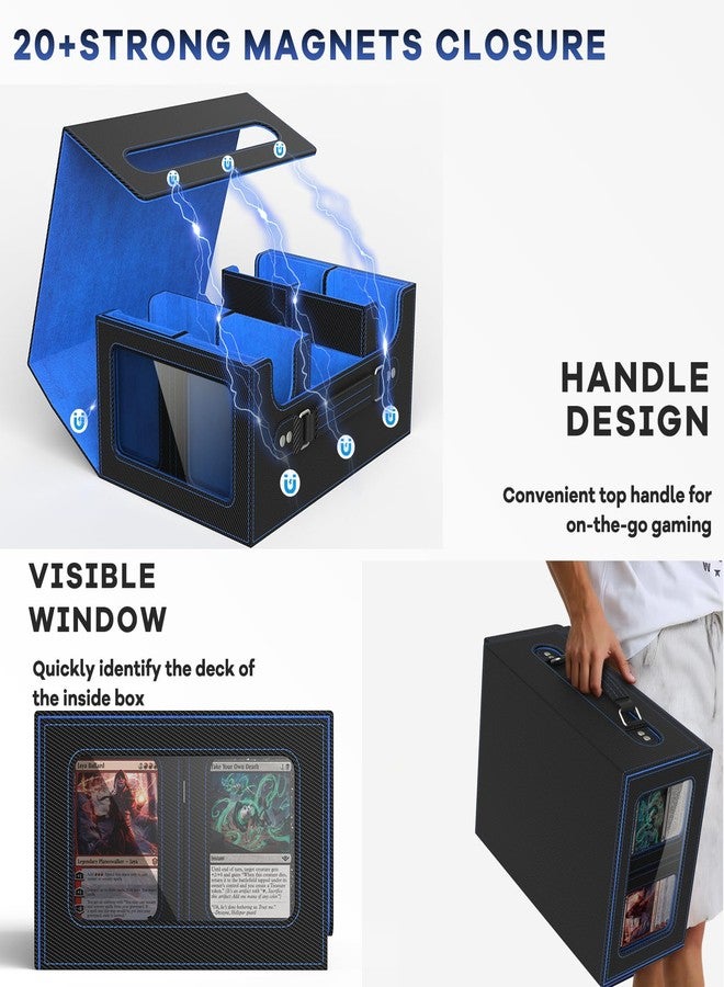 FETUSI Commander Deck Box for MTG Fits 400+ Double-Sleeved Card Storage, 4 IN 1 Removable Card Case with Multi-purpose Deck Case, Display Window for TCG/PTCG/EDH, 4 Magnetic One Touch Holders(Black Blue) - Image 5