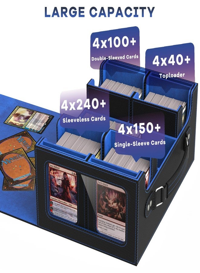 FETUSI Commander Deck Box for MTG Fits 400+ Double-Sleeved Card Storage, 4 IN 1 Removable Card Case with Multi-purpose Deck Case, Display Window for TCG/PTCG/EDH, 4 Magnetic One Touch Holders(Black Blue) - Image 3