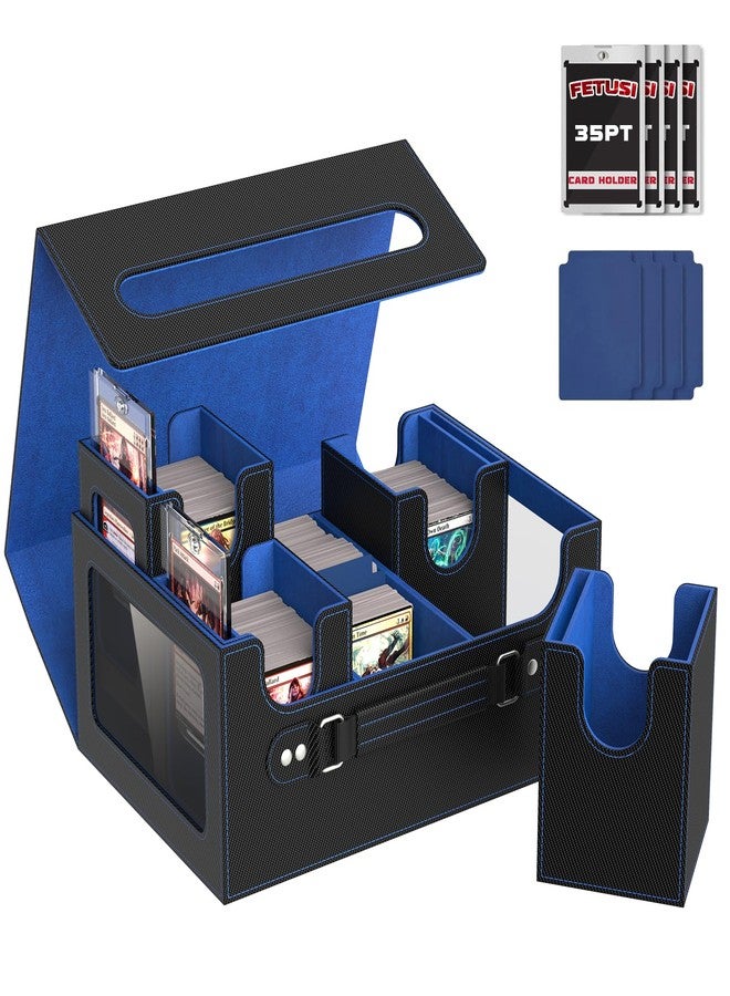FETUSI Commander Deck Box for MTG Fits 400+ Double-Sleeved Card Storage, 4 IN 1 Removable Card Case with Multi-purpose Deck Case, Display Window for TCG/PTCG/EDH, 4 Magnetic One Touch Holders(Black Blue) - Image 1