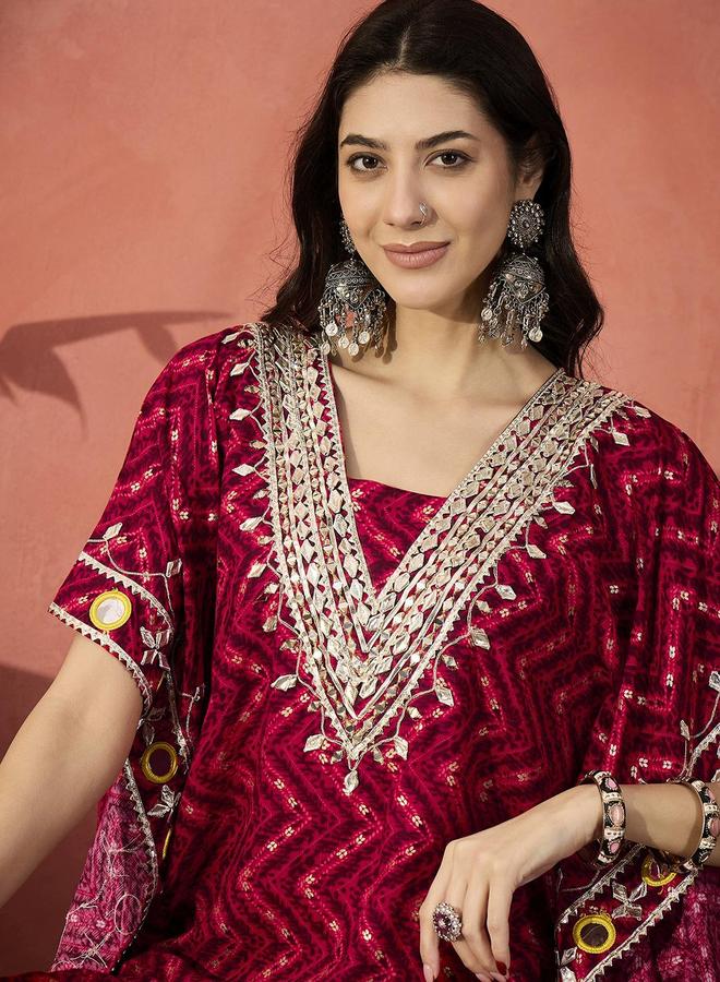 ISHIN Women's Red Rayon Embellished Tunic Top With Ankle Palazzo Flared 2 Peice Kurta Set - Image 5