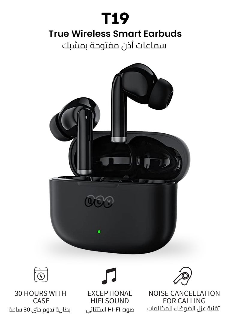 كيو سي واي سماعات أذن ذكية لاسلكية QCy T19 مع ميكروفون رباعي وENC مكالمات ستيريو HD بلوتوث 5.1 تحكم باللمس زمن استجابة منخفض 30 ساعة عمر بطارية فائق الطول أسود، T19-BLACK - Image 1
