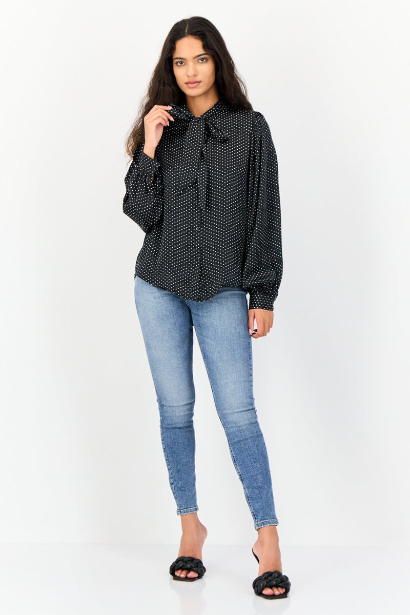 KOTON Women Tie Neck long Sleeve Polka Dot Blouse, Multicolor - Image 3