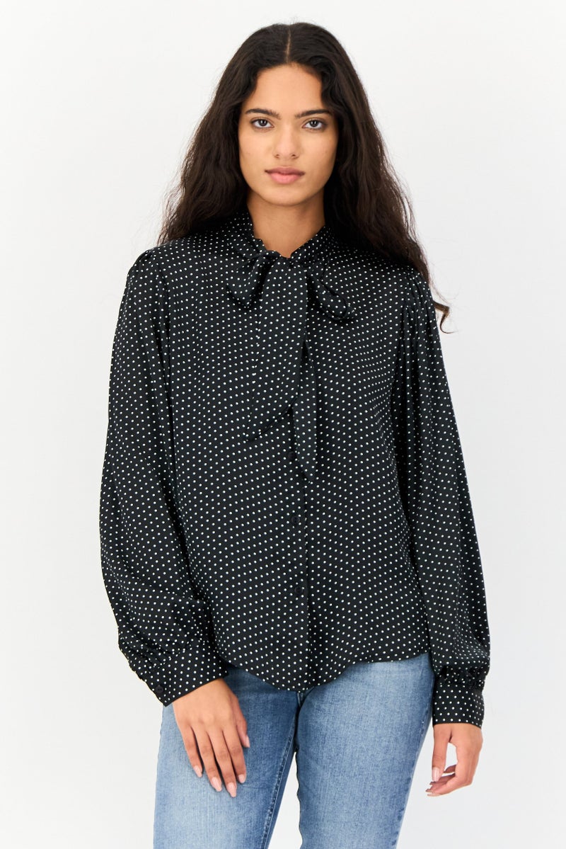 KOTON Women Tie Neck long Sleeve Polka Dot Blouse, Multicolor - Image 1