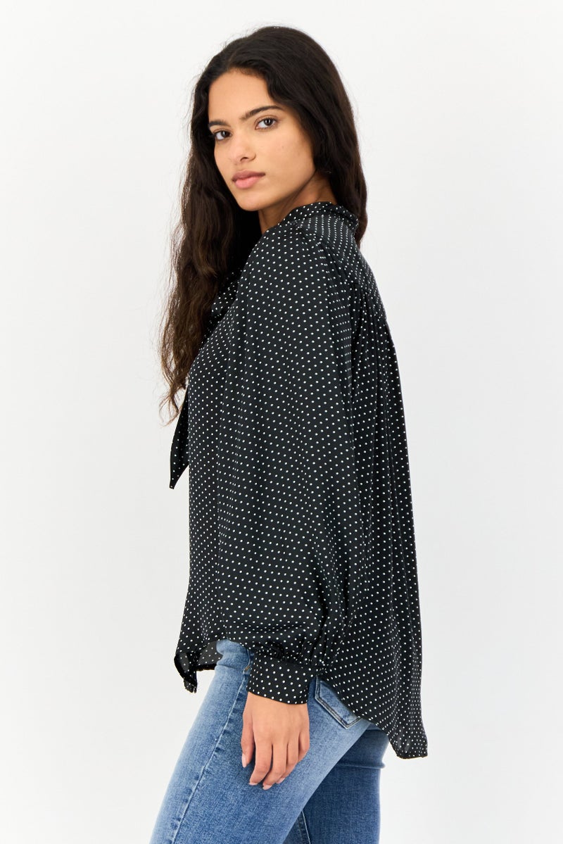 KOTON Women Tie Neck long Sleeve Polka Dot Blouse, Multicolor - Image 2