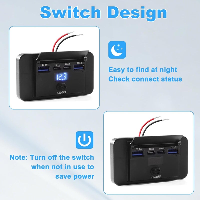 Thlevel 12V Car Charger Mobile Phone Quick Charge USB C Socket Charging Socket Dual 36W PD3.0 and Dual 18W QC3.0 Waterproof with Digital Voltmeter and Switch for 12V-24V Motorhome Car Boat - Image 3