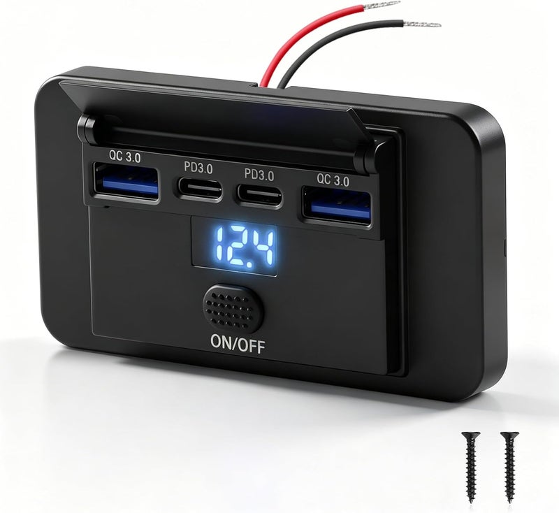 Thlevel 12V Car Charger Mobile Phone Quick Charge USB C Socket Charging Socket Dual 36W PD3.0 and Dual 18W QC3.0 Waterproof with Digital Voltmeter and Switch for 12V-24V Motorhome Car Boat - Image 1