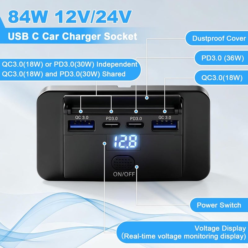 Thlevel 12V Car Charger Mobile Phone Quick Charge USB C Socket Charging Socket Dual 36W PD3.0 and Dual 18W QC3.0 Waterproof with Digital Voltmeter and Switch for 12V-24V Motorhome Car Boat - Image 2