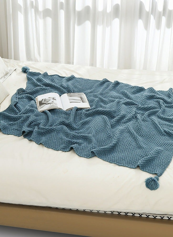 Loquat Solid Color Textured Knitted Soft Throw Blanket Keep Warm Dusty Blue  - Image 2