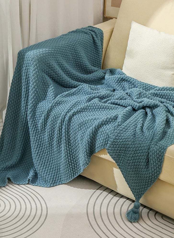 Loquat Solid Color Textured Knitted Soft Throw Blanket Keep Warm Dusty Blue  - Image 1