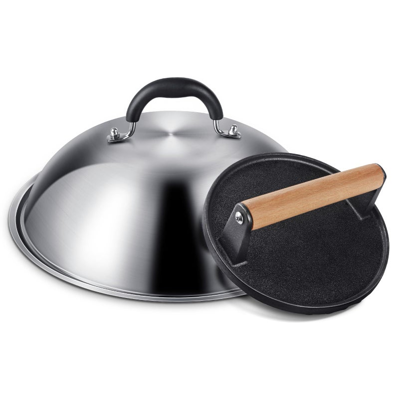 EWFEN ملحقات الشواية لدوم ذوبان دائري ثقيل الوزن بقطر 12 بوصة من بلاكستون مع ضغط برجر لحم الخنزير المصنوع من الحديد الزهر، مثالي لشواية بلاكستون كامب شيف المسطحة