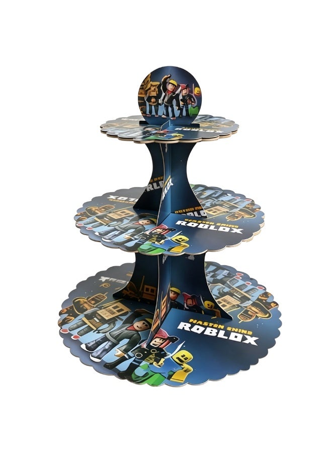 Roblox Themed Cake Stand – 3-Tier Roblox Cupcake Stand Roblox Birthday Party Decorations Roblox Dessert Tower Display for Party Decoration Supplies - Image 1